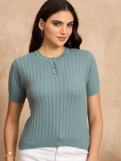 Clapton Women Knitted  Round Neck  T-shirt SKY -3105