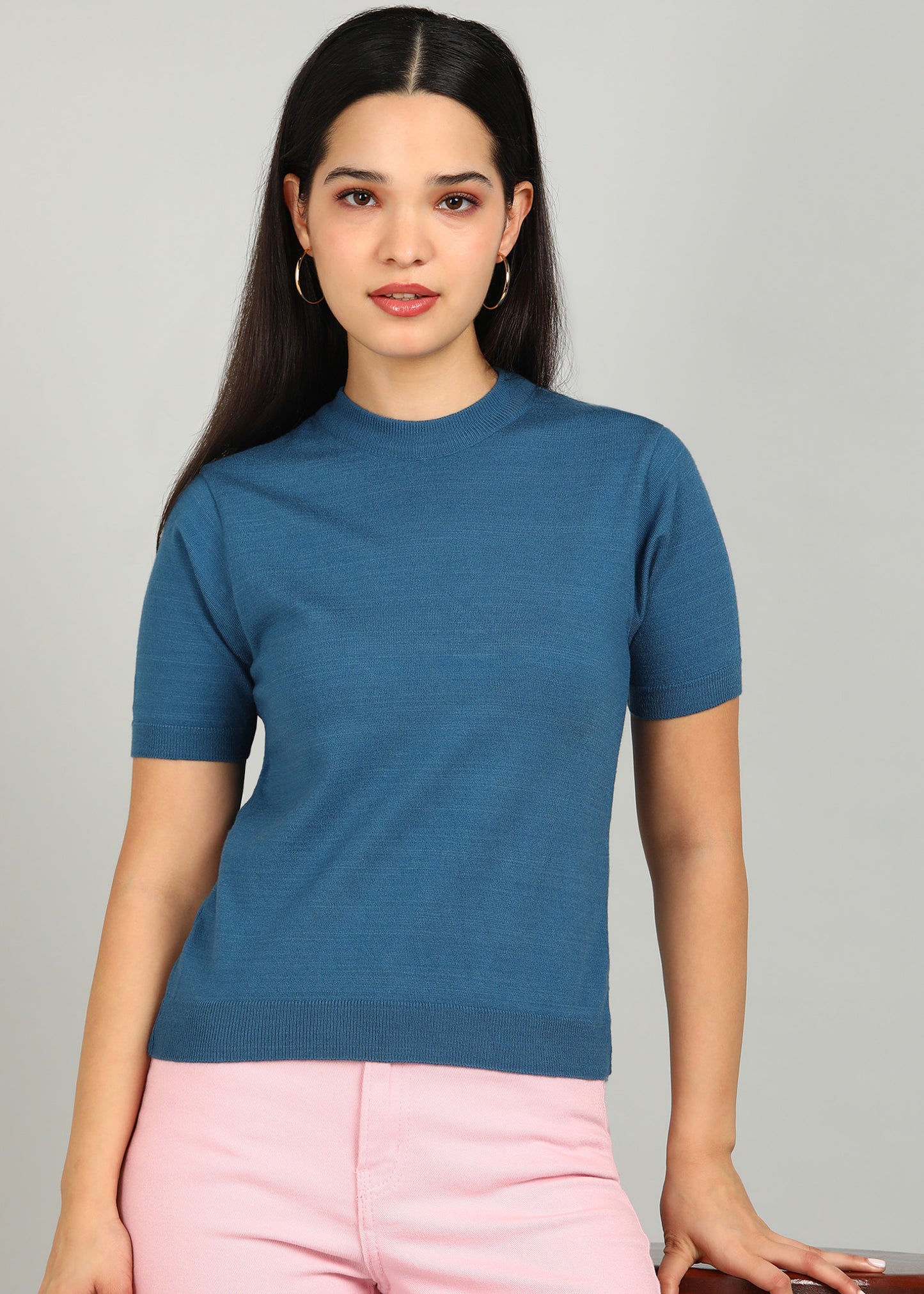 Women Solid Color Round Neck Half Sleeve Viscose T-Shirt Royal