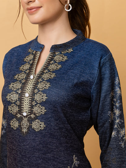 Clapton Pure Wool Winter Wear Embroidered Straight Kurta Pant With Dupatta Set Navy