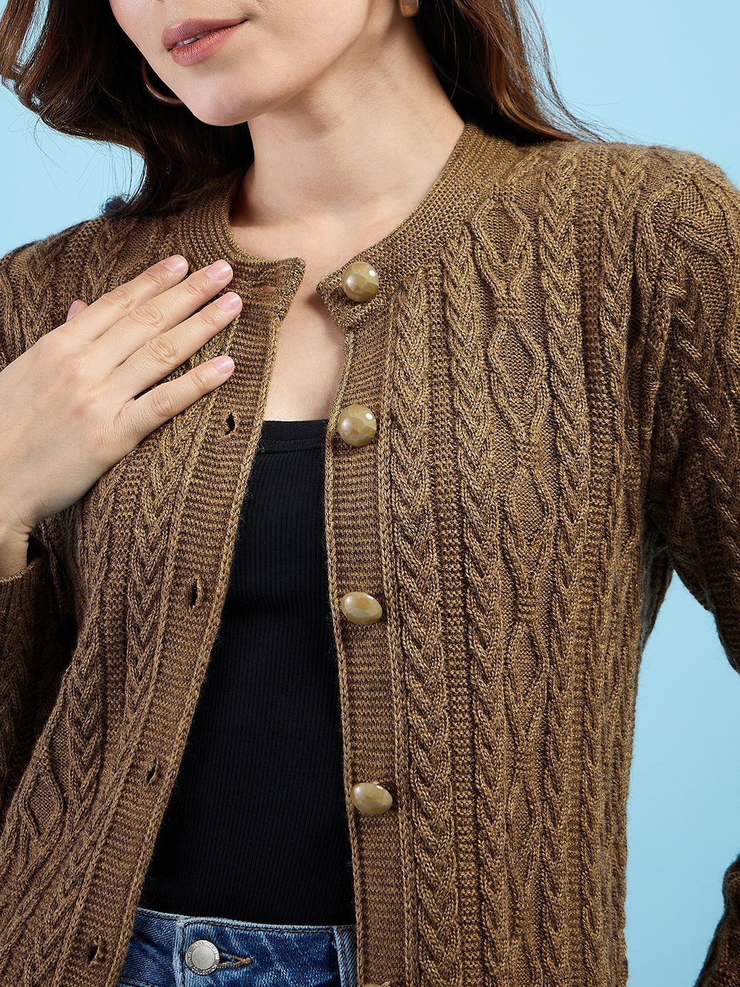 Clapton Cable Knit  Design Woolen  Longline Cardigan Sweater for women and Girls Brown