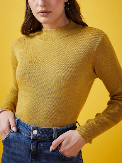 Wool Blend Crew Neck Full Sleeve Gold Top