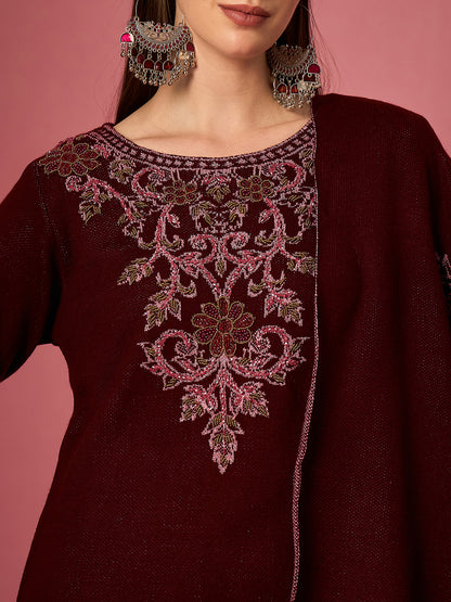 Clapton Embroidered Straight Kurta Pant With Dupatta Set Maroon