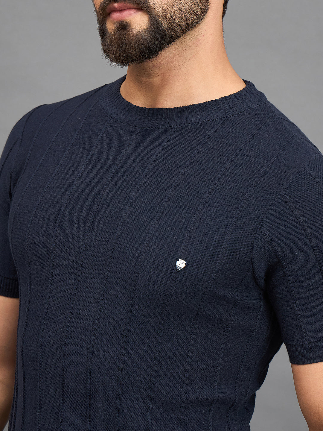 CLAPTON Men Knitted Round Neck T-shirt  Navy