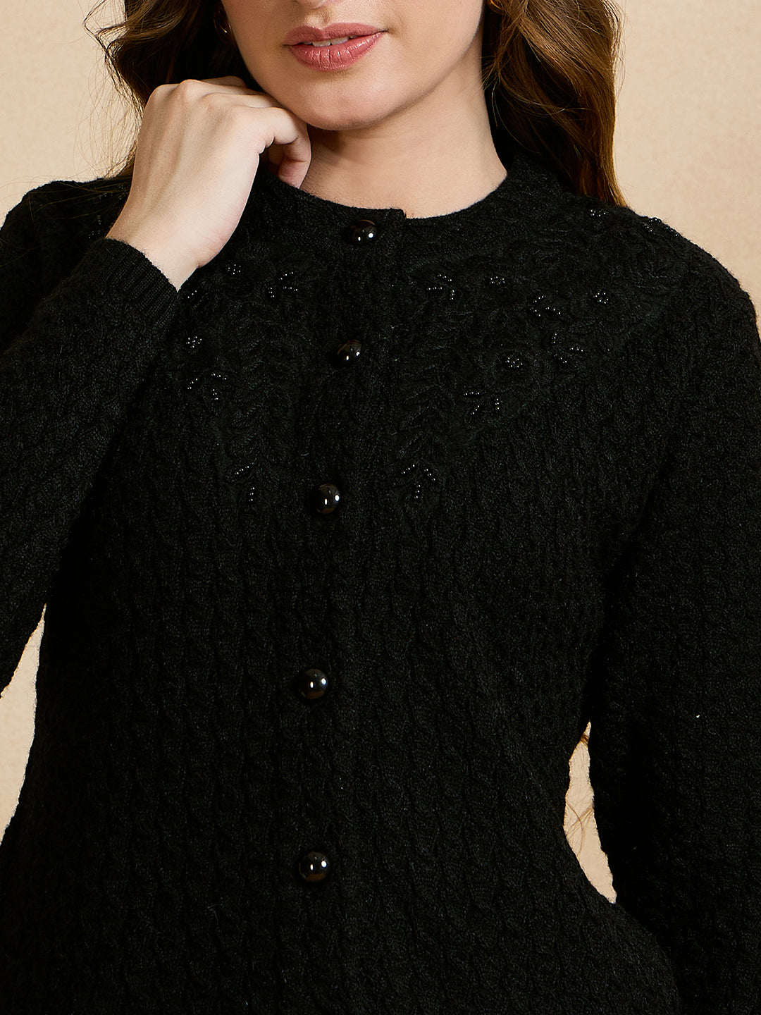 Clapton Floral Embroidered Knit  Design Pure Wool Cardigan Black