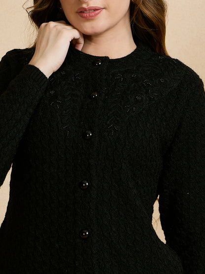Clapton Floral Embroidered Knit  Design Pure Wool Cardigan Black