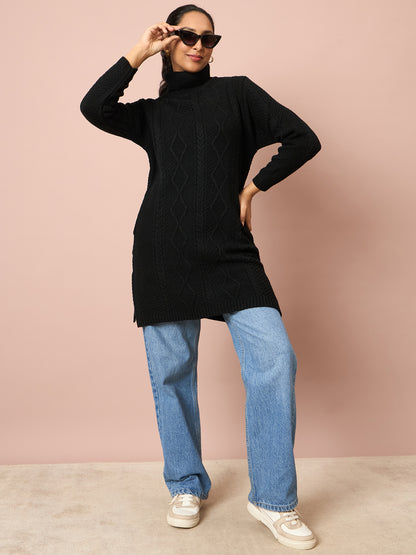 Clapton Cable Knitted  Wool Winter Wear Women’S Long Cardigan Black