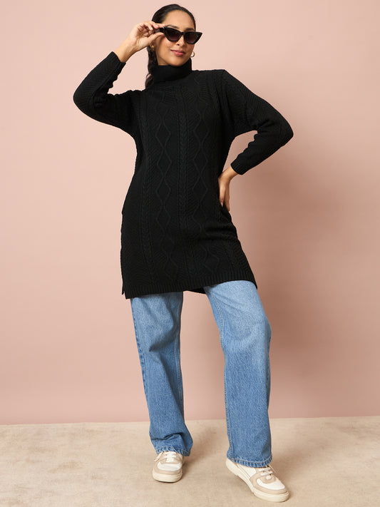 Clapton Cable Knitted  Wool Winter Wear Women’S Long Cardigan Black