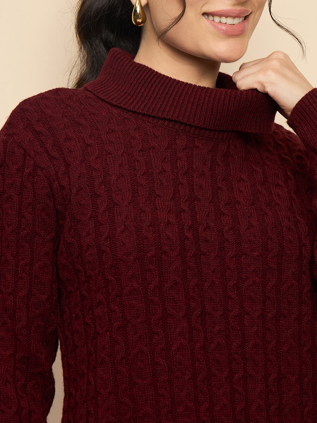 Clapton High Neck Cable Knitted Woolen Dress Maroon