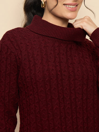 Clapton High Neck Cable Knitted Woolen Dress Maroon