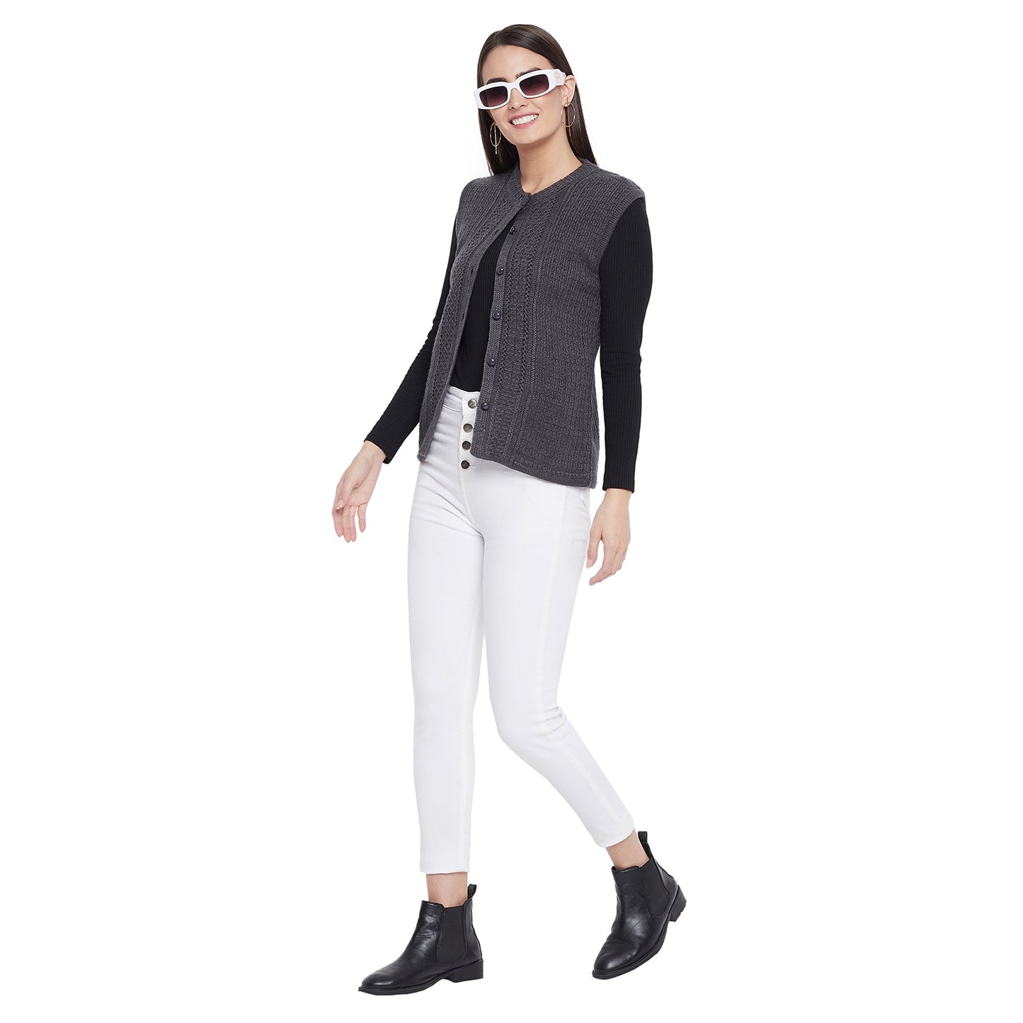 Wool Blend Round Neck Half Sleeve Grey cardigan