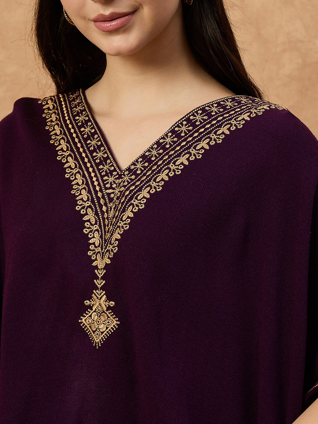 Clapton Women’s Wool Kaftan Kurti –  Purple, Golden Embroidery -6201
