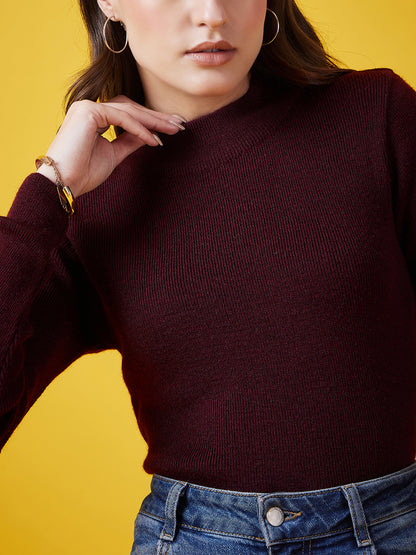 Wool Blend Crew Neck Full Sleeve Mehroon Top