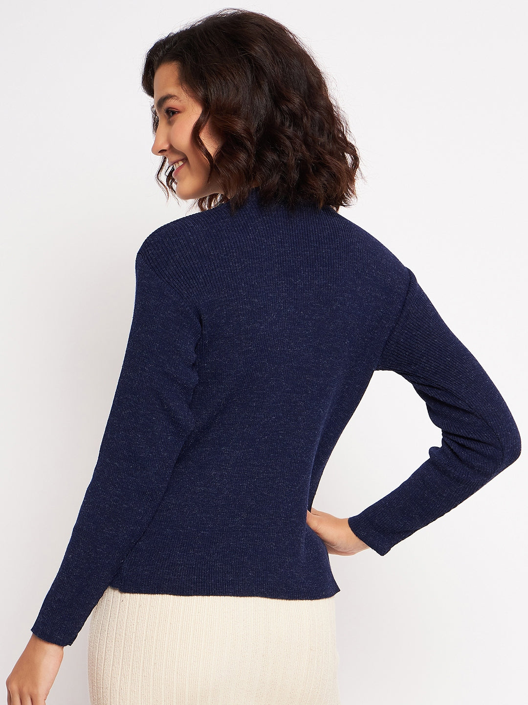 Wool Blend Round Neck Navy Top With Embroidery
