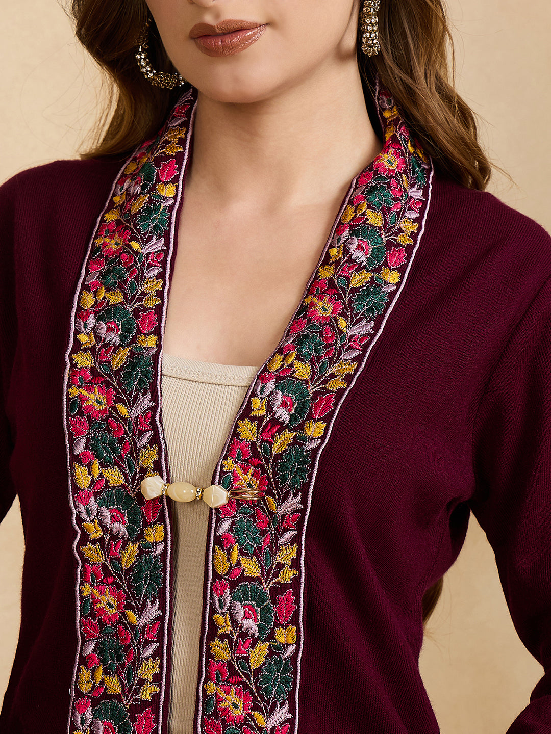 Women's Maroon Embroidered Sleeves, Floral Pattern, Winter Wear, Open Neck Shrug