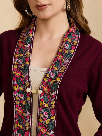 Women's Maroon Embroidered Sleeves, Floral Pattern, Winter Wear, Open Neck Shrug