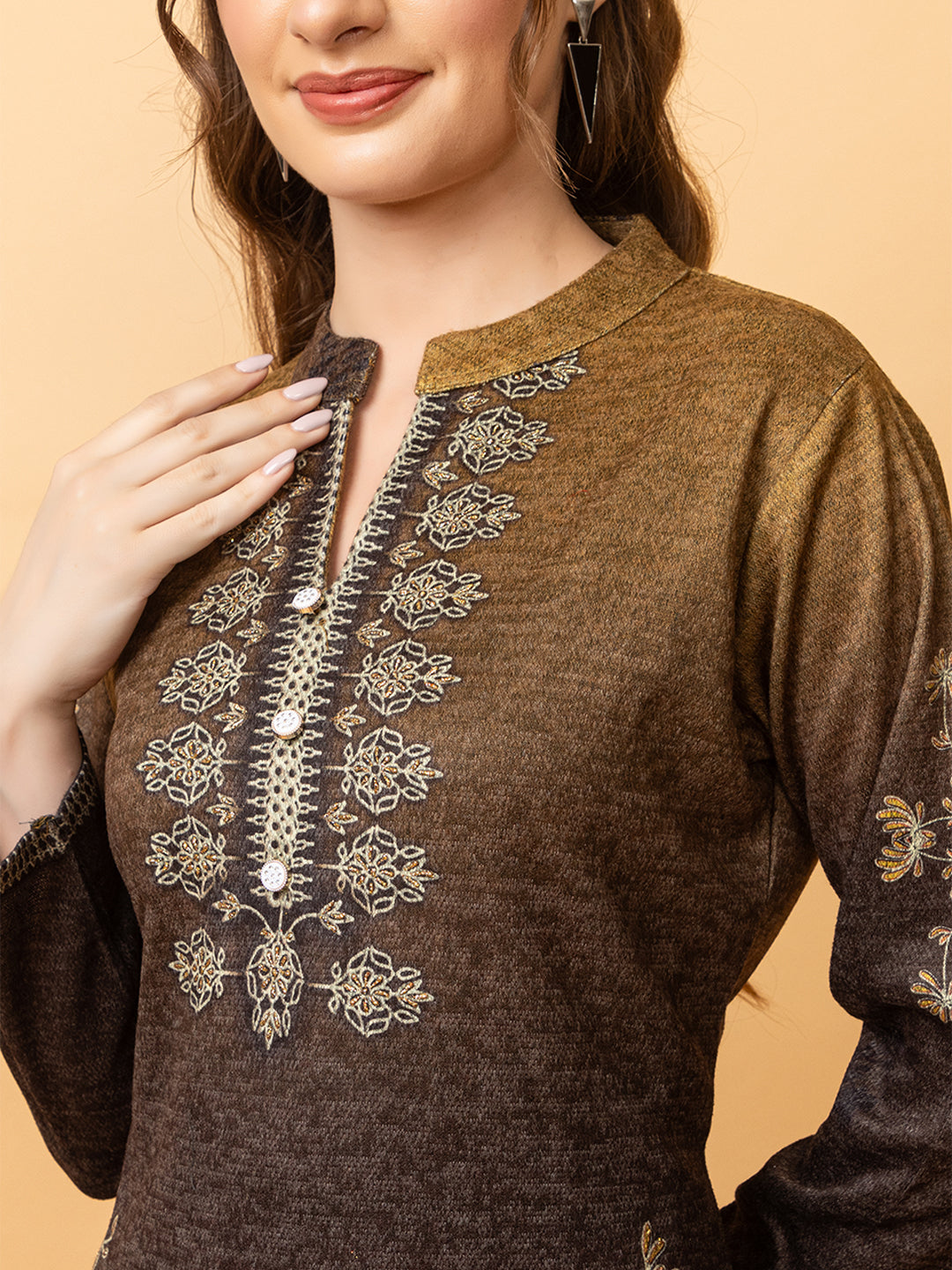Clapton Pure Wool Winter Wear Embroidered Straight Kurta Pant With Dupatta Set Brown