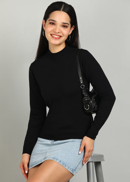 Women Solid Color Round Neck Viscose T-Shirt Black