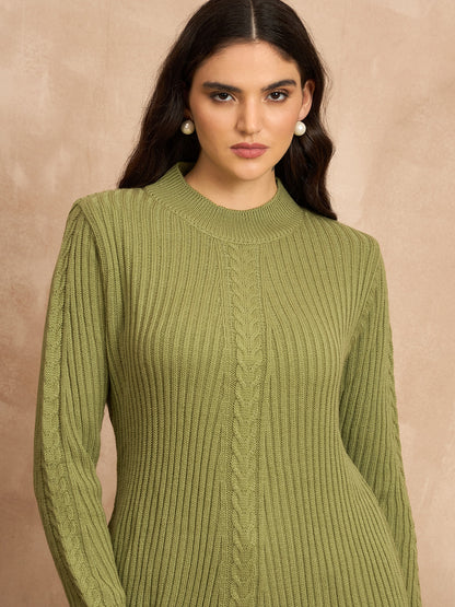 CLAPTON Women’s Wool Blend Ribbed Knit Tunic Sweater with Mock Neck & Full Sleeves Green