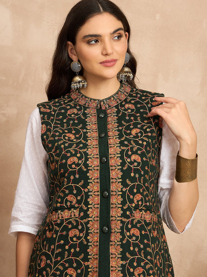 CLAPTON EMBROIDERY SLEEVELESS GREEN BLAZER FOR WOMEN