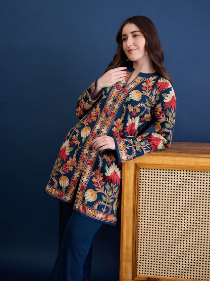Women’S Embroidered Woolen Kurta With Straight-Fit Pants Co-Set Peacock