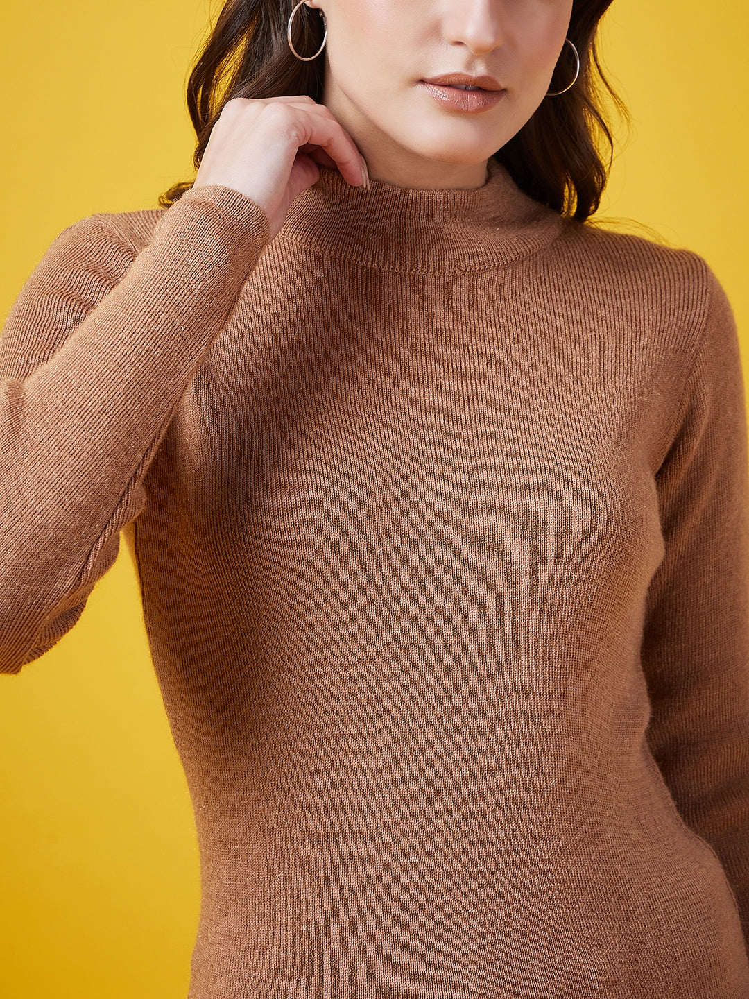 Wool Blend Crew Neck Full Sleeve Brown Top
