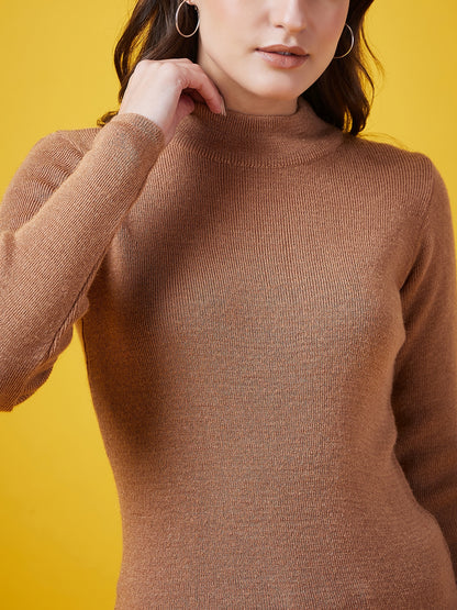 Wool Blend Crew Neck Full Sleeve Brown Top