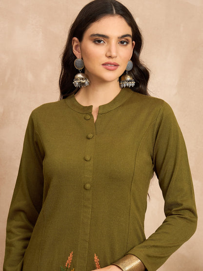 CLAPTON Women’s Green Wool Blend Embroidered Kurti & Pant Set – 2 Piece Winter Wear