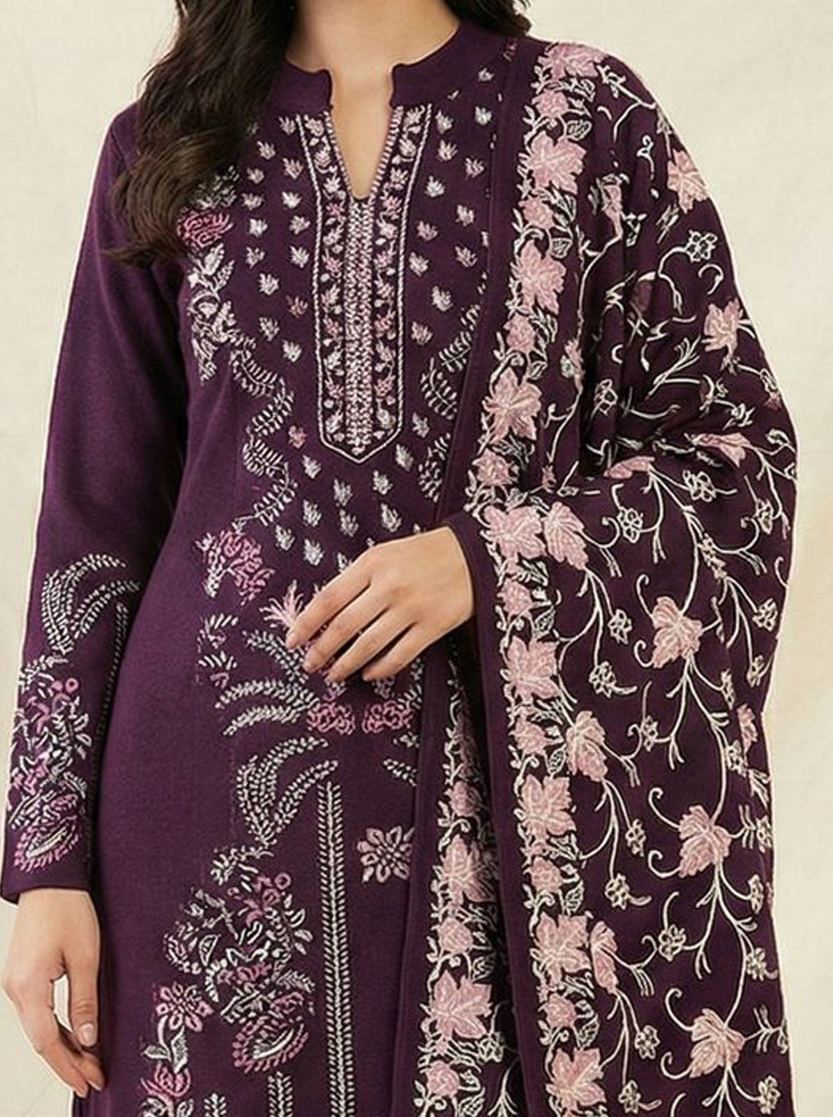 Clapton Embroidered  wool blends for winter wear Straight-fit kurta with trousers and a dupatta (shawl) Purple