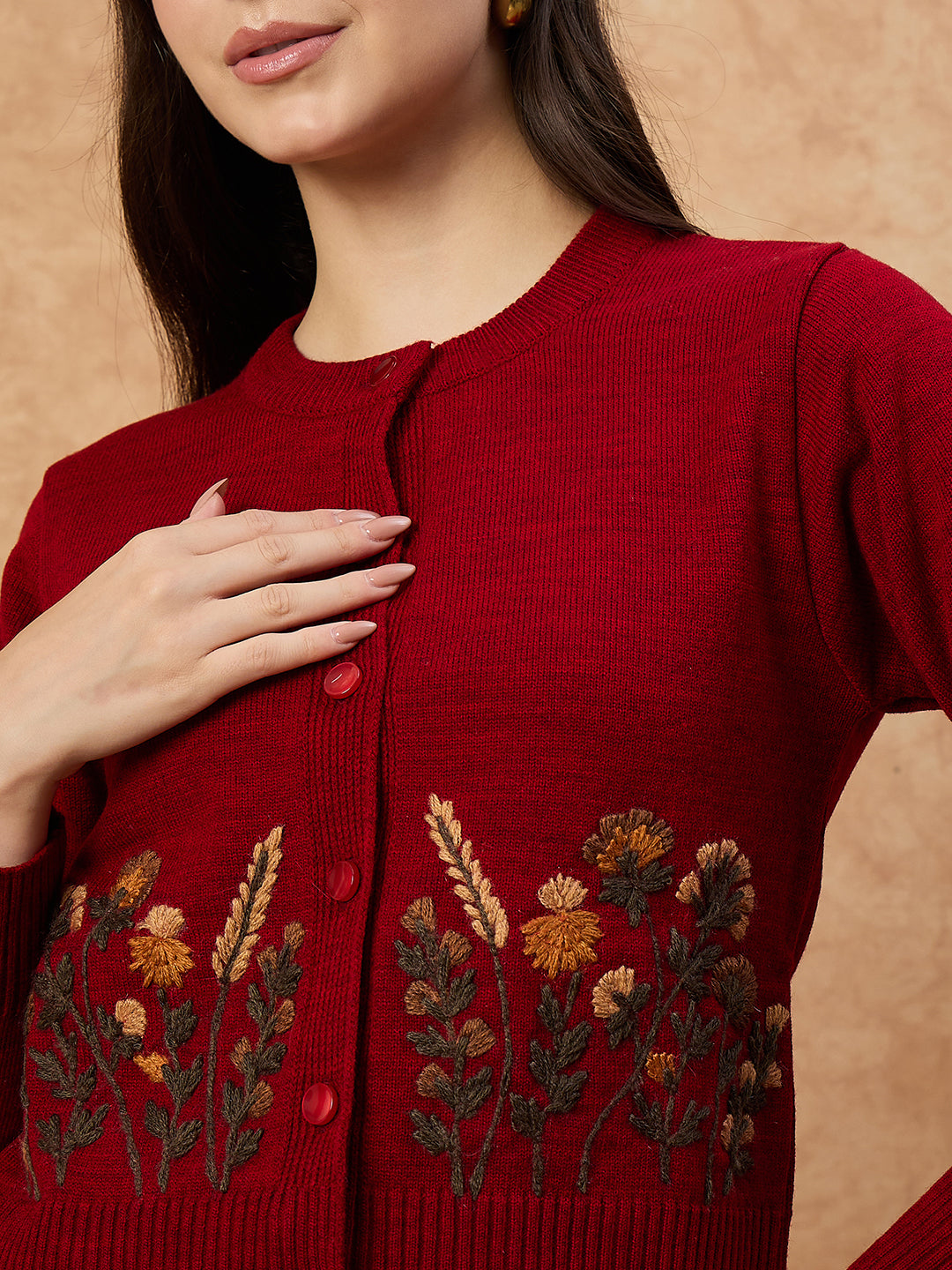 Clapton Women’s Red Knitted Floral Embroidered Cardigan 6110