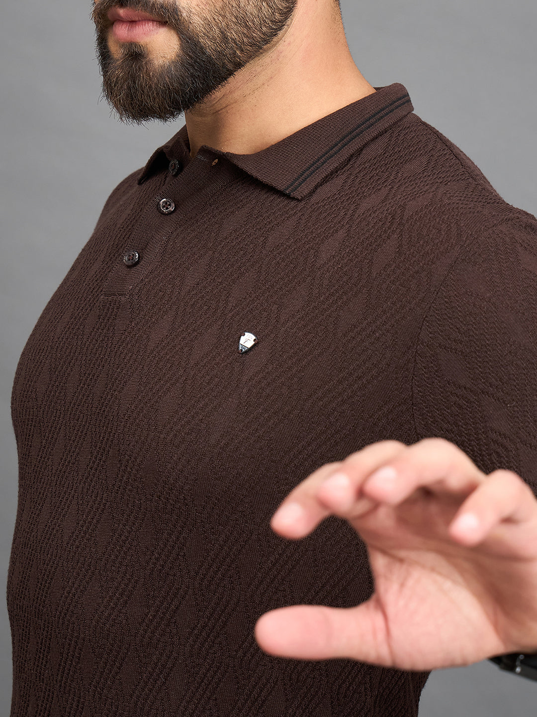 CLAPTON Men Knitted Polo Collar T-shirt  Brown