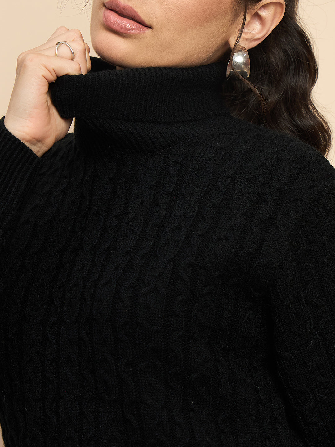 Clapton High Neck Cable Knitted Woolen Dress Black