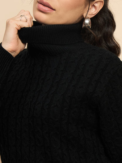 Clapton High Neck Cable Knitted Woolen Dress Black