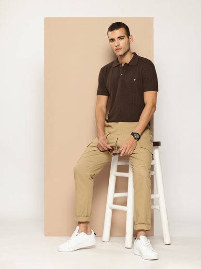 CLAPTON Men Knitted Textured Polo Collar T shirt Coffee