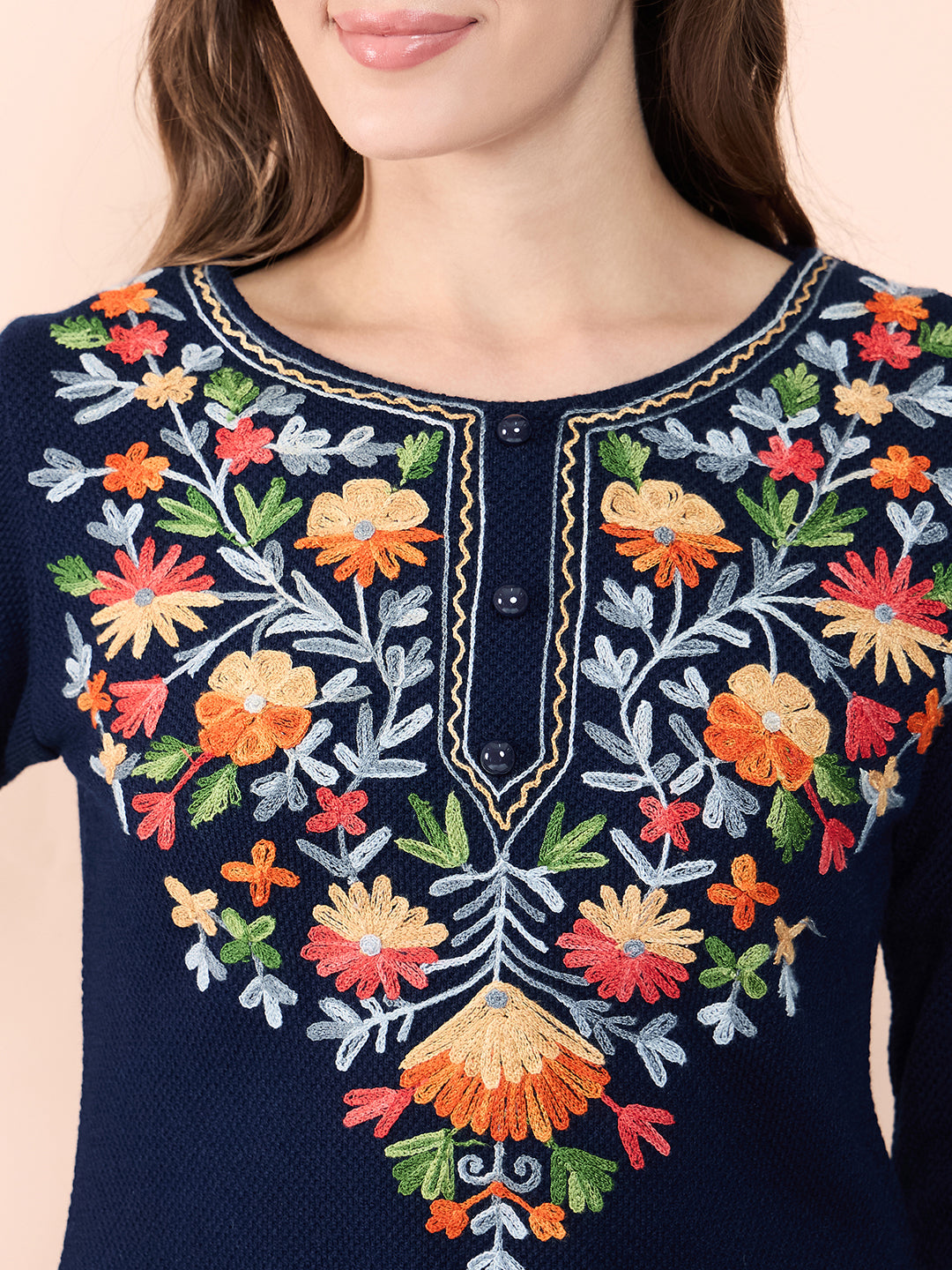 Women Multicolor Embroidered woolen Blend  Kurta Navy Blue Winter Wear