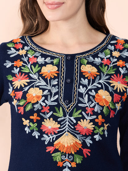 Women Multicolor Embroidered woolen Blend  Kurta Navy Blue Winter Wear