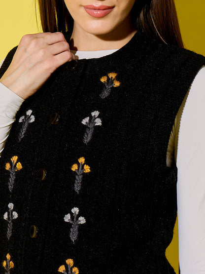 Embroidery Woolen Sleeveless Cardigan