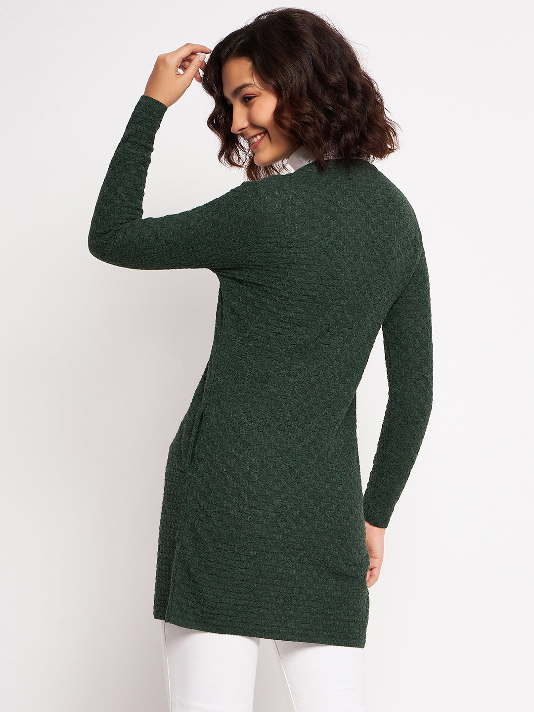 Wool Blend Round Neck Green Long Shrug