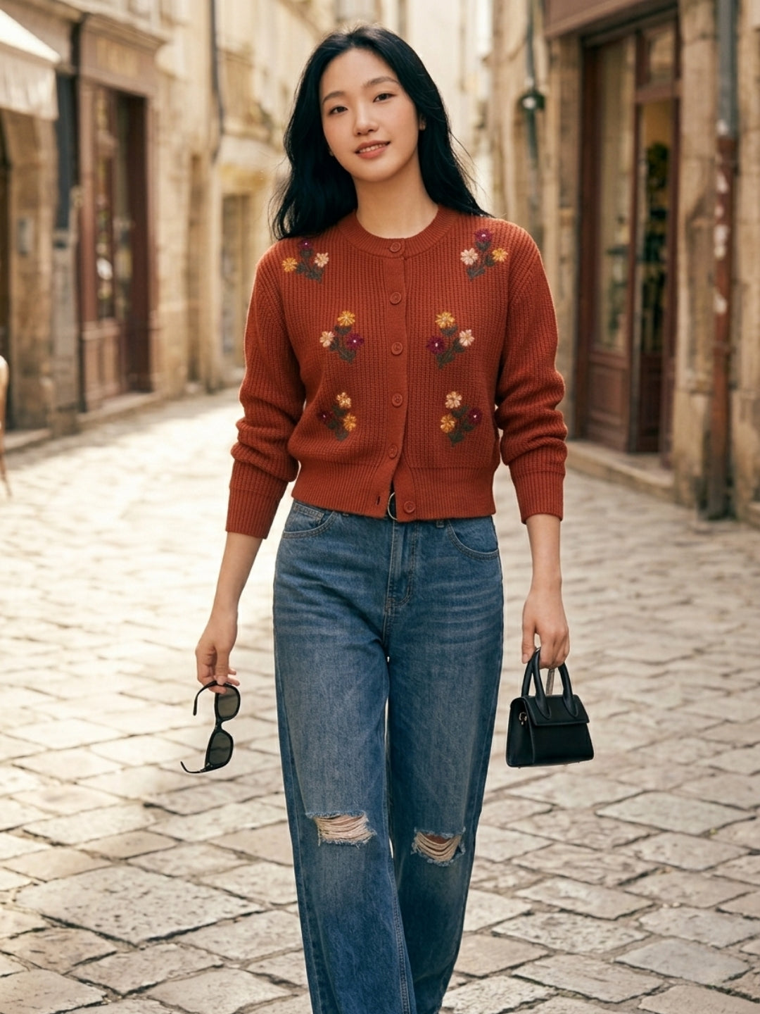 Women'S Black Knit Cardigan With Floral Embroidery, Button-Front, Round Neck, Full Sleeves Rust