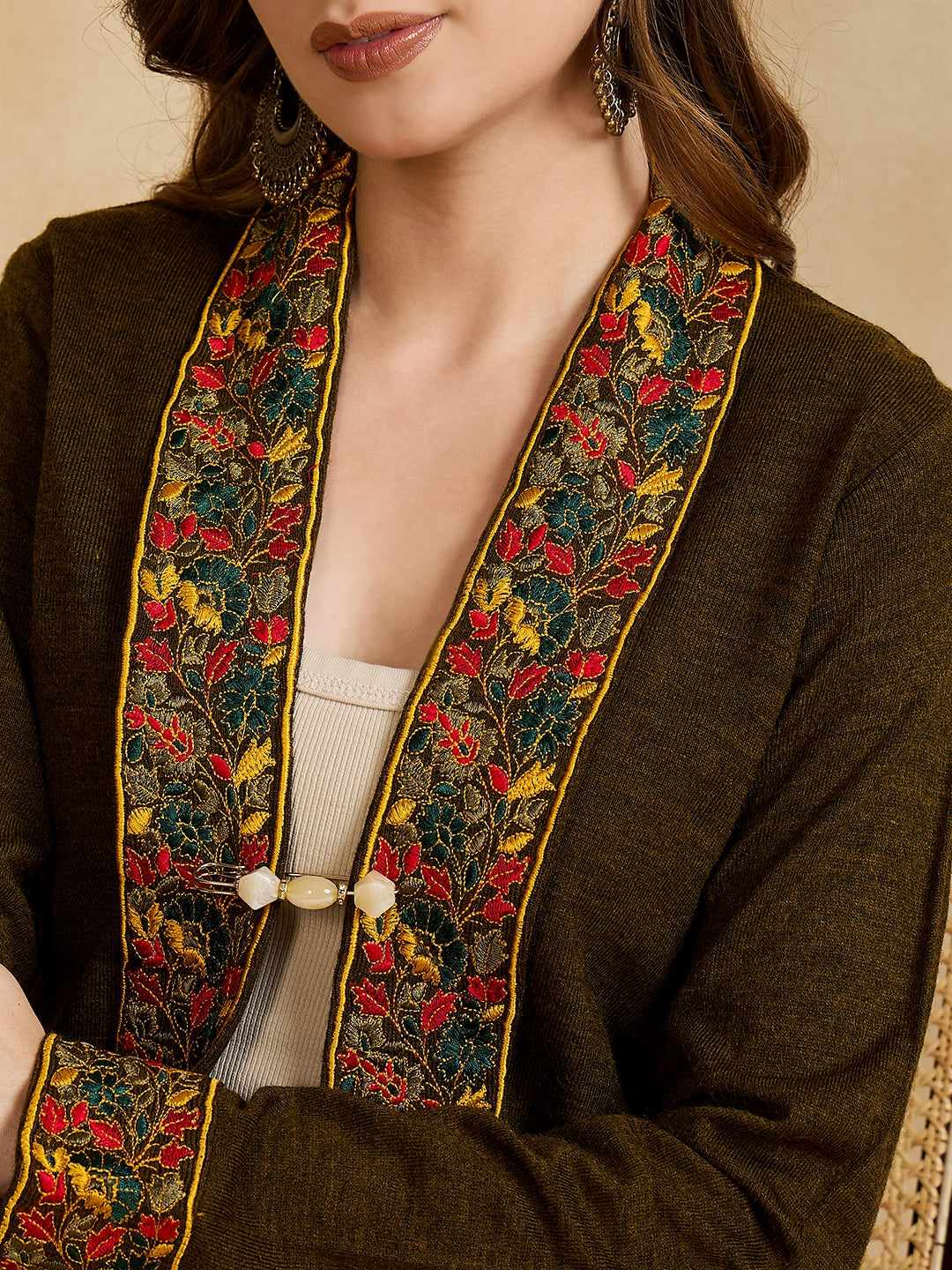 Women's Dark Green Embroidered Sleeves, Floral Pattern, Winter Wear, Open Neck Shrug