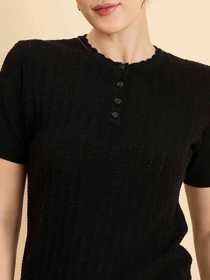 Clapton Women Knitted  Round Neck  T-shirt Black