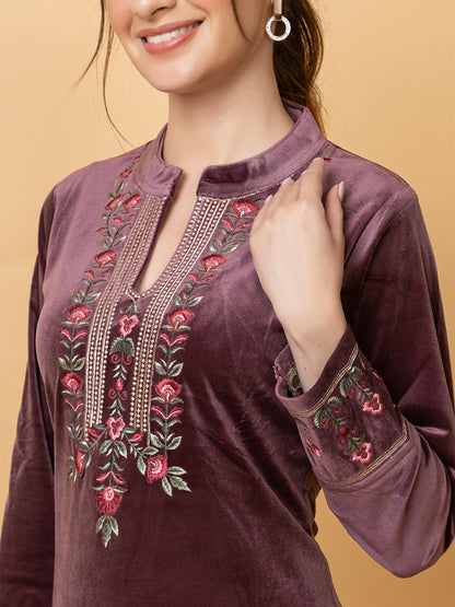Velvet Embroidered Winter Wear Embroidered Straight Kurta Pant With Dupatta Set Purple
