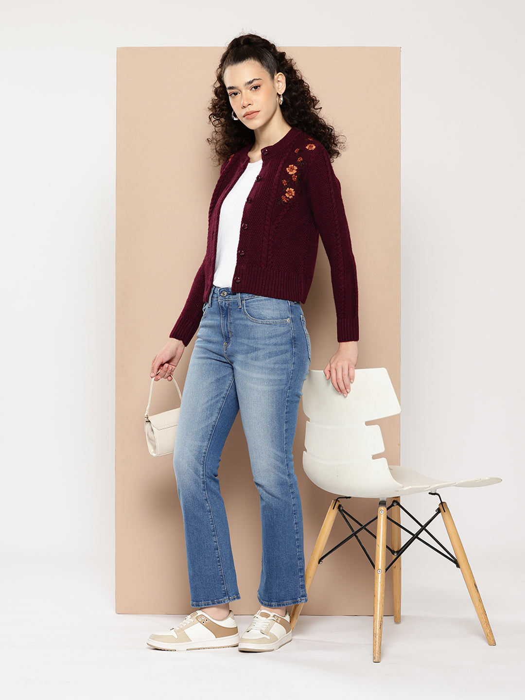 Wool Knit Crop Cardigan With Embroidery