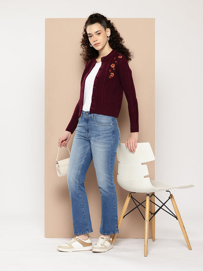 Wool Knit Crop Cardigan With Embroidery