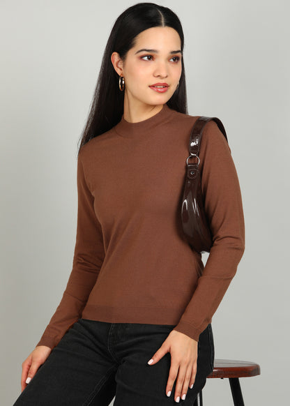 Women Solid Color Round Neck Viscose T-Shirt Brown