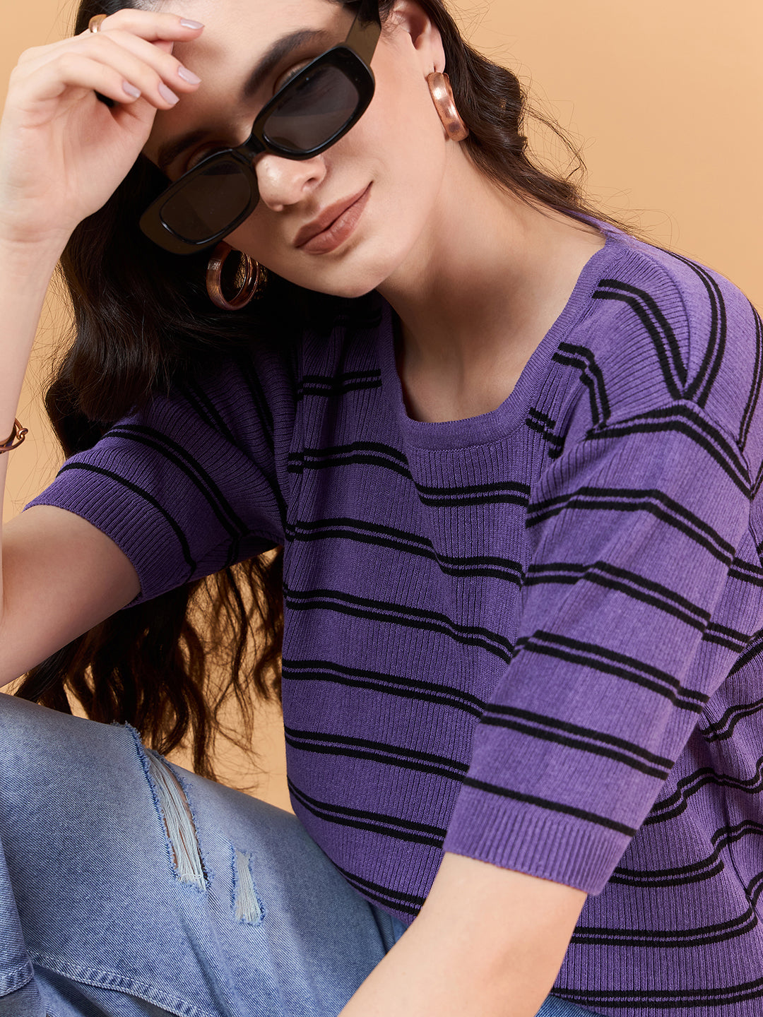 clapton Women Cotton knitted Striped Design T-shirt  Purple Mauve