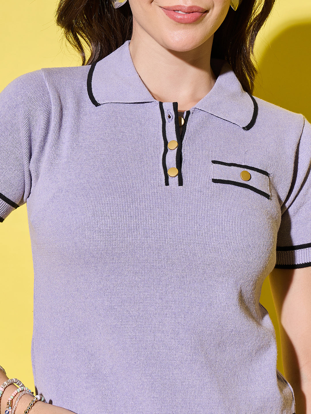 Women Striped Polo Neck With Pocket Pure Cotton T-Shirt Sky