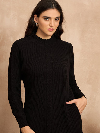 CLAPTON Women’s Wool Blend Ribbed Knit Tunic Sweater with Mock Neck & Full Sleeves Black