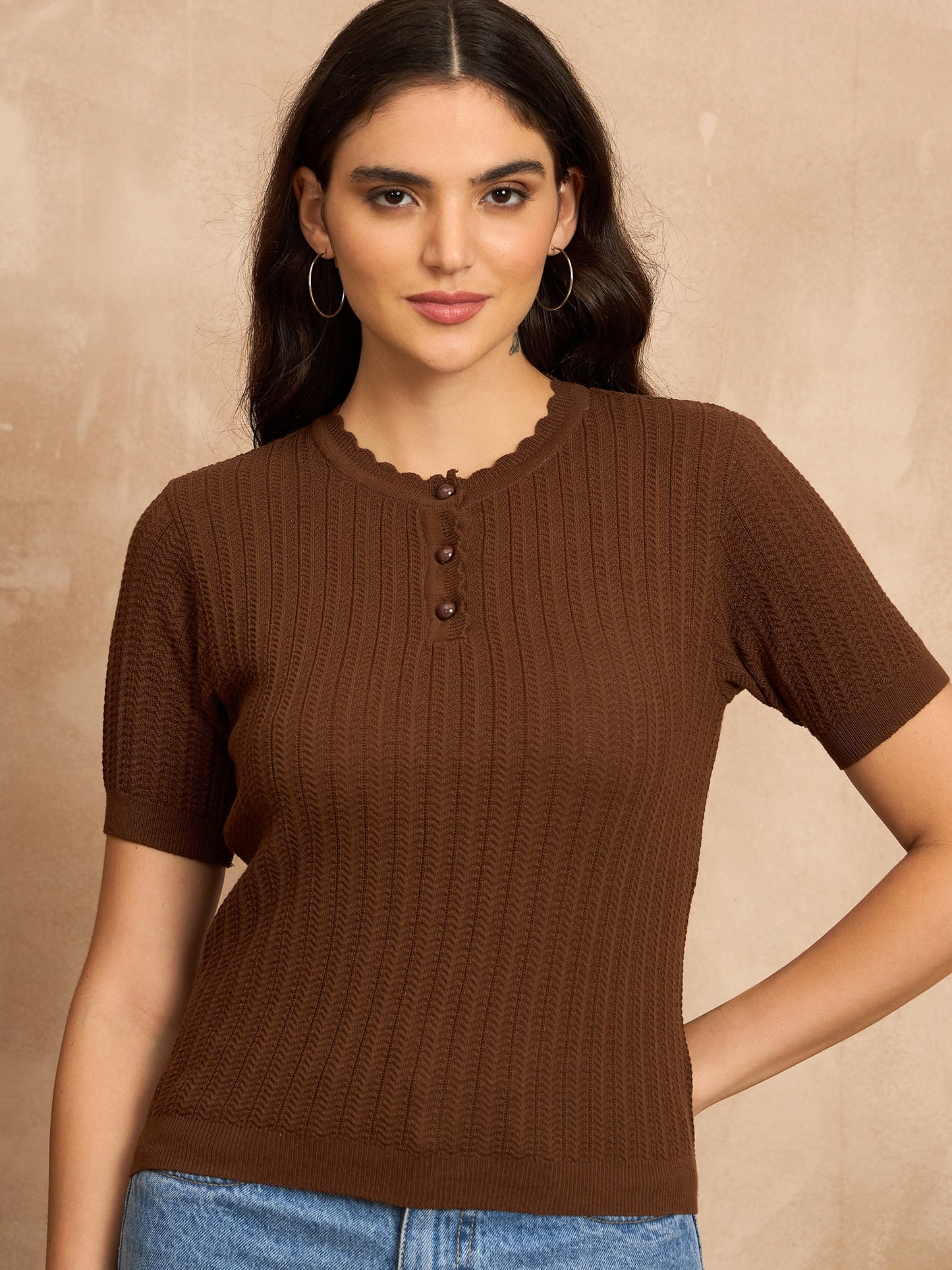 Clapton Women Knitted  Round Neck  T-shirt BROWN-3105