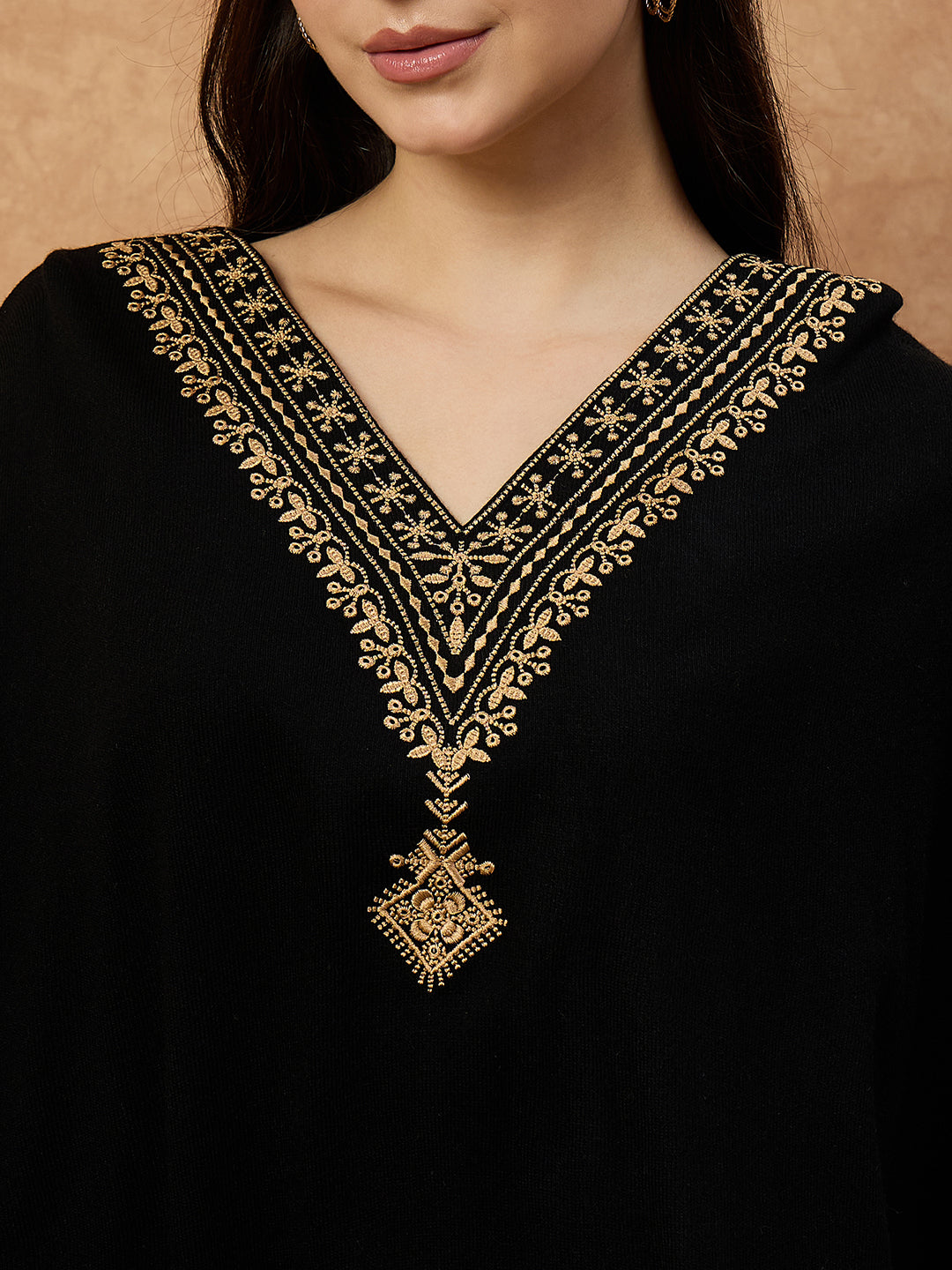 Clapton Women’s Wool Kaftan Kurti –  Black, Golden Embroidery -6201