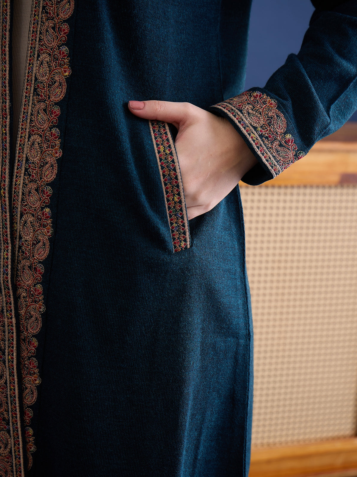 clapton Harbor-Blue Plain Pure Wool Long Jacket from Kashmir with Paisley Aari Embroidery on Border